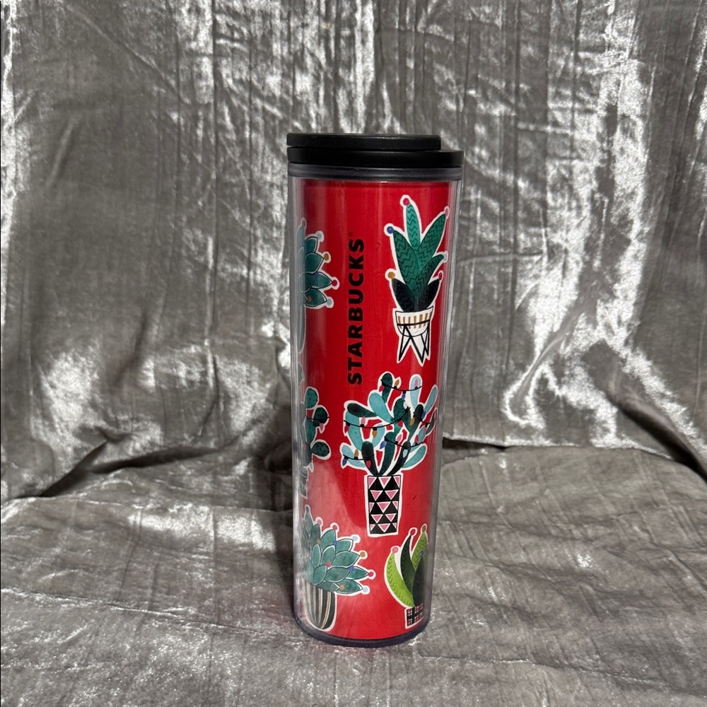 Starbucks Red Tumbler with Green Plant Motif
